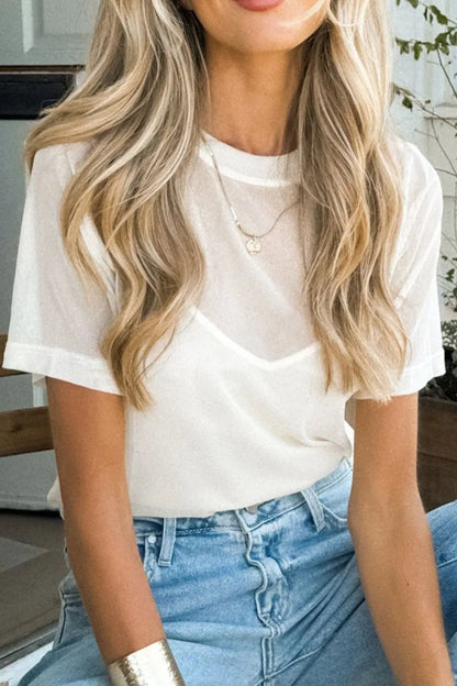 V-Neck Cami and Round Neck Short Sleeve Cover Up Set - -