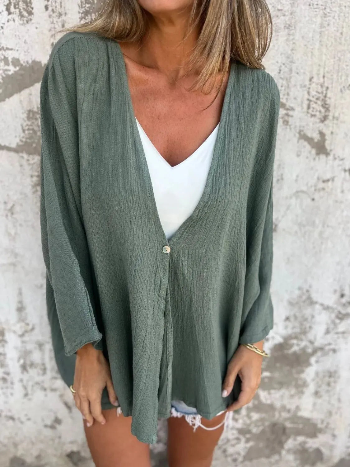 Full Size One Button Long Sleeve Shirt Plus Size - Air Force Blue -