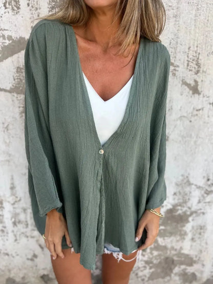 Full Size One Button Long Sleeve Shirt Plus Size - Air Force Blue -