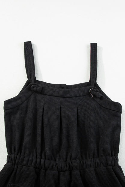 Knotted Straps Button Textured Drawstring Jumpsuit - -