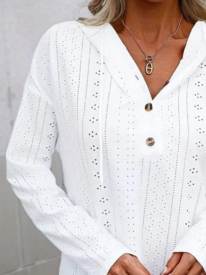 Drawstring Eyelet Long Sleeve Hoodie - -