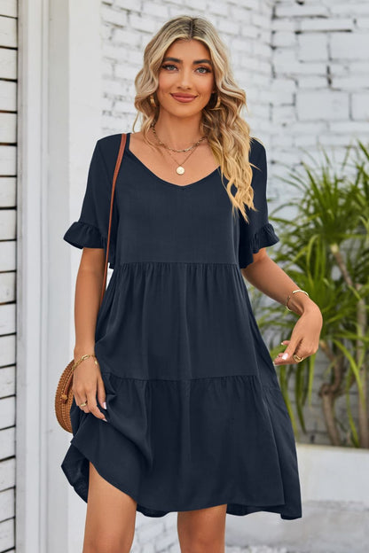 Mandy V-Neck Flounce Sleeve Tiered Dress