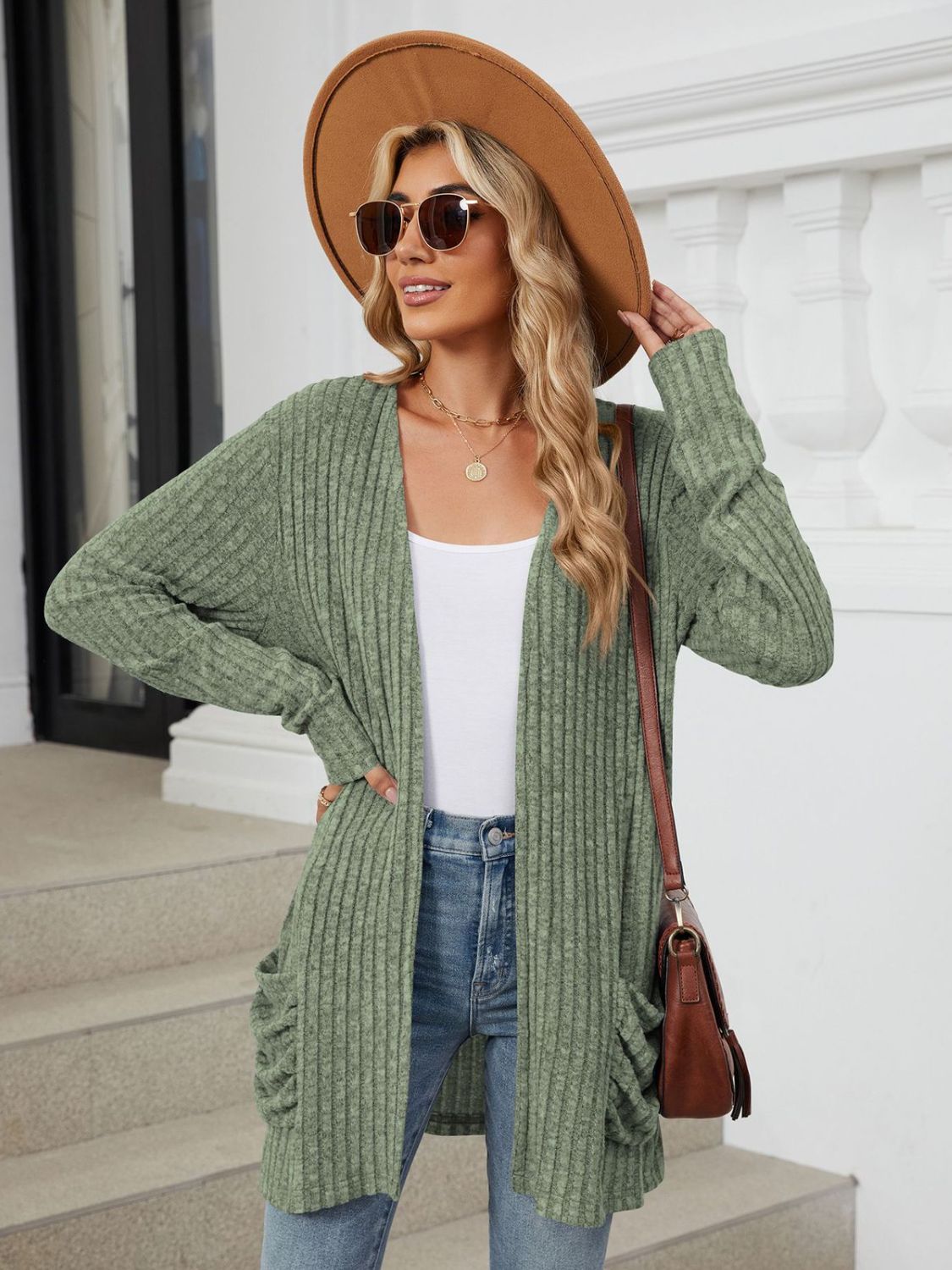 Pocketed Open Front Long Sleeve Cardigan - -