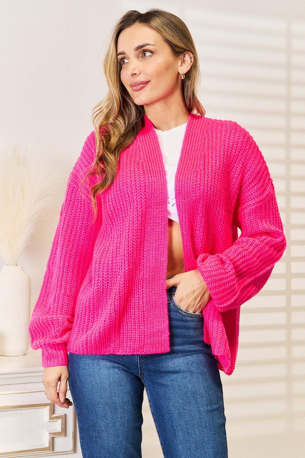 Woven Right Rib-Knit Open Front Drop Shoulder Cardigan - Hot Pink -
