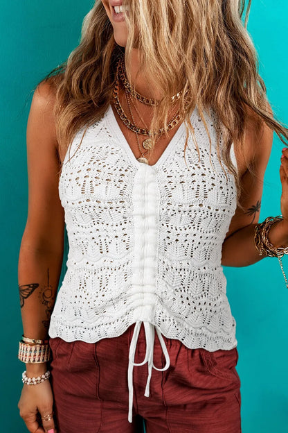 Hollowed Knit V Neck Drawstring Sweater Vest - -