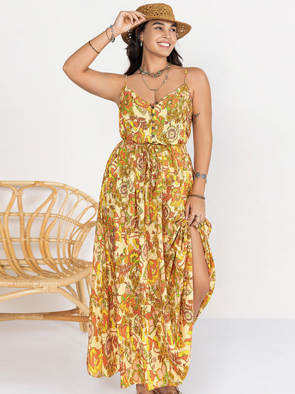Plus Size Printed V-Neck Maxi Cami Dress - Gold -
