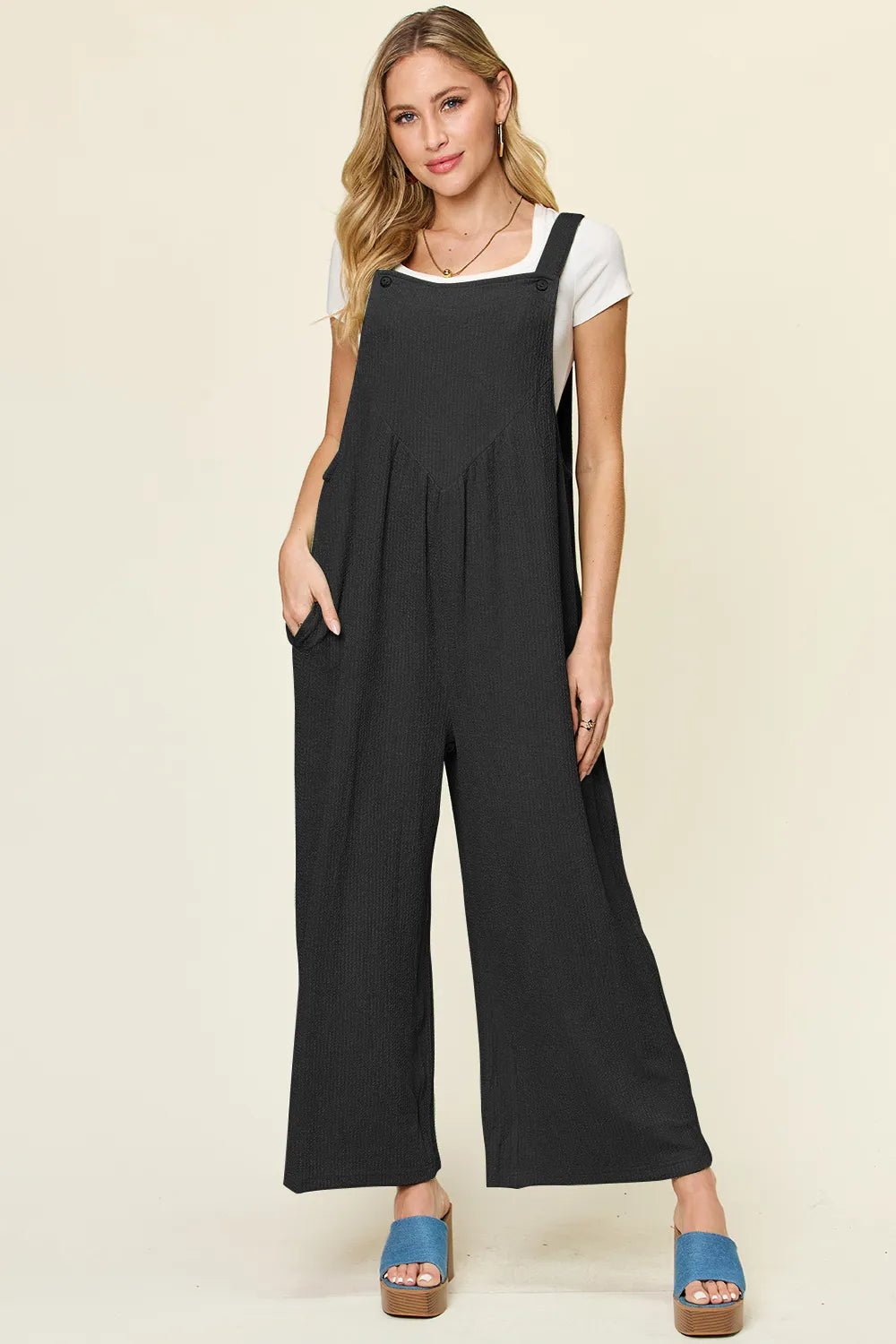 Double Take Full Size Texture Sleeveless Wide Leg Overall – | Shannon’s Chique Boutique