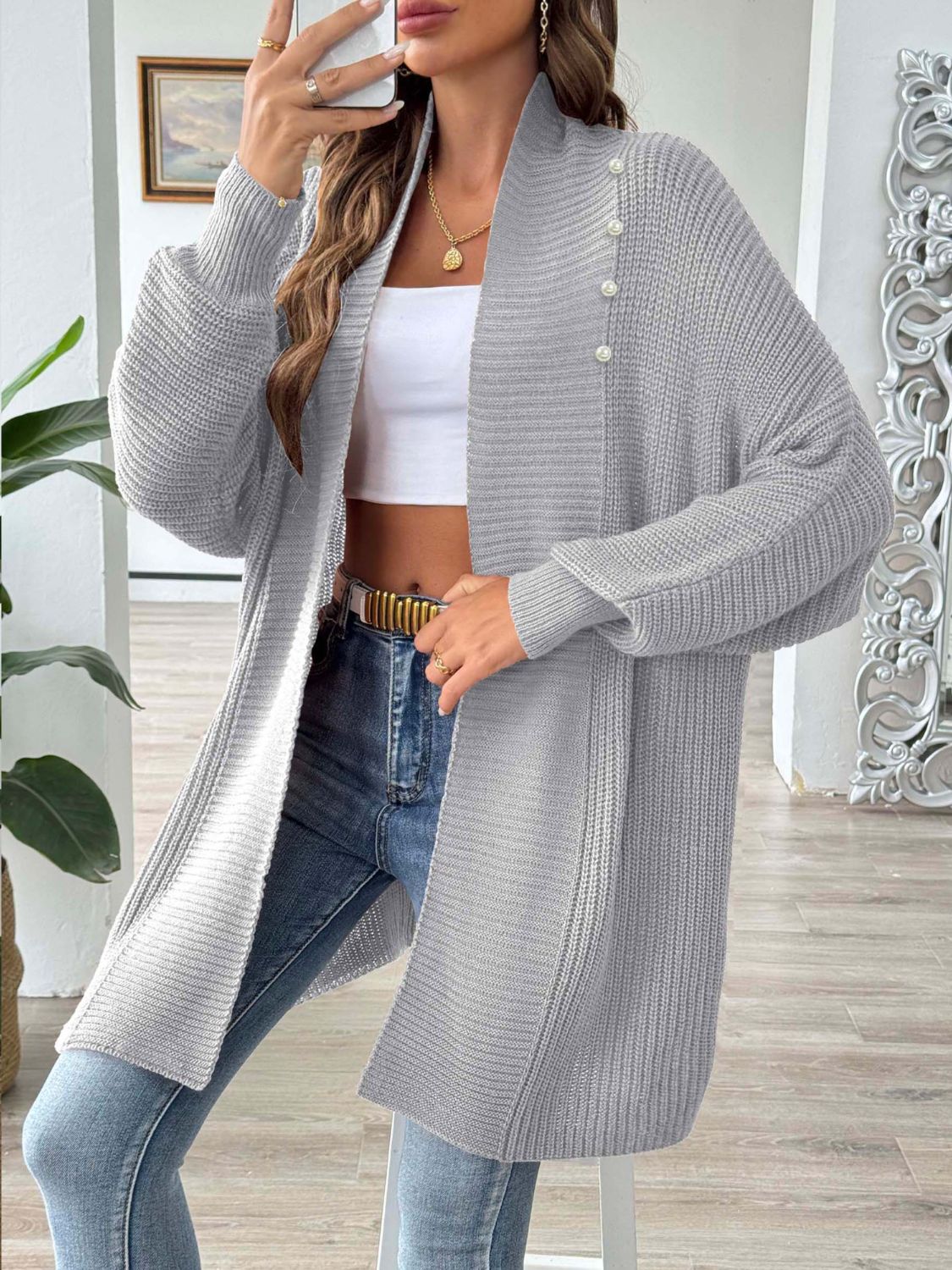 Open Front Long Sleeve Cardigan - Gray One Size -