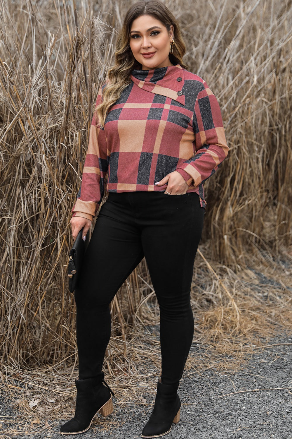 Plus Size Plaid Cowl Neck Long Sleeve Sweatshirt - -
