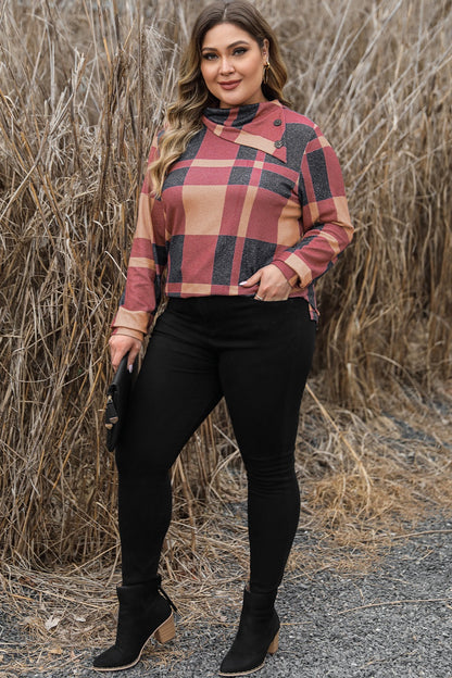 Plus Size Plaid Cowl Neck Long Sleeve Sweatshirt - -