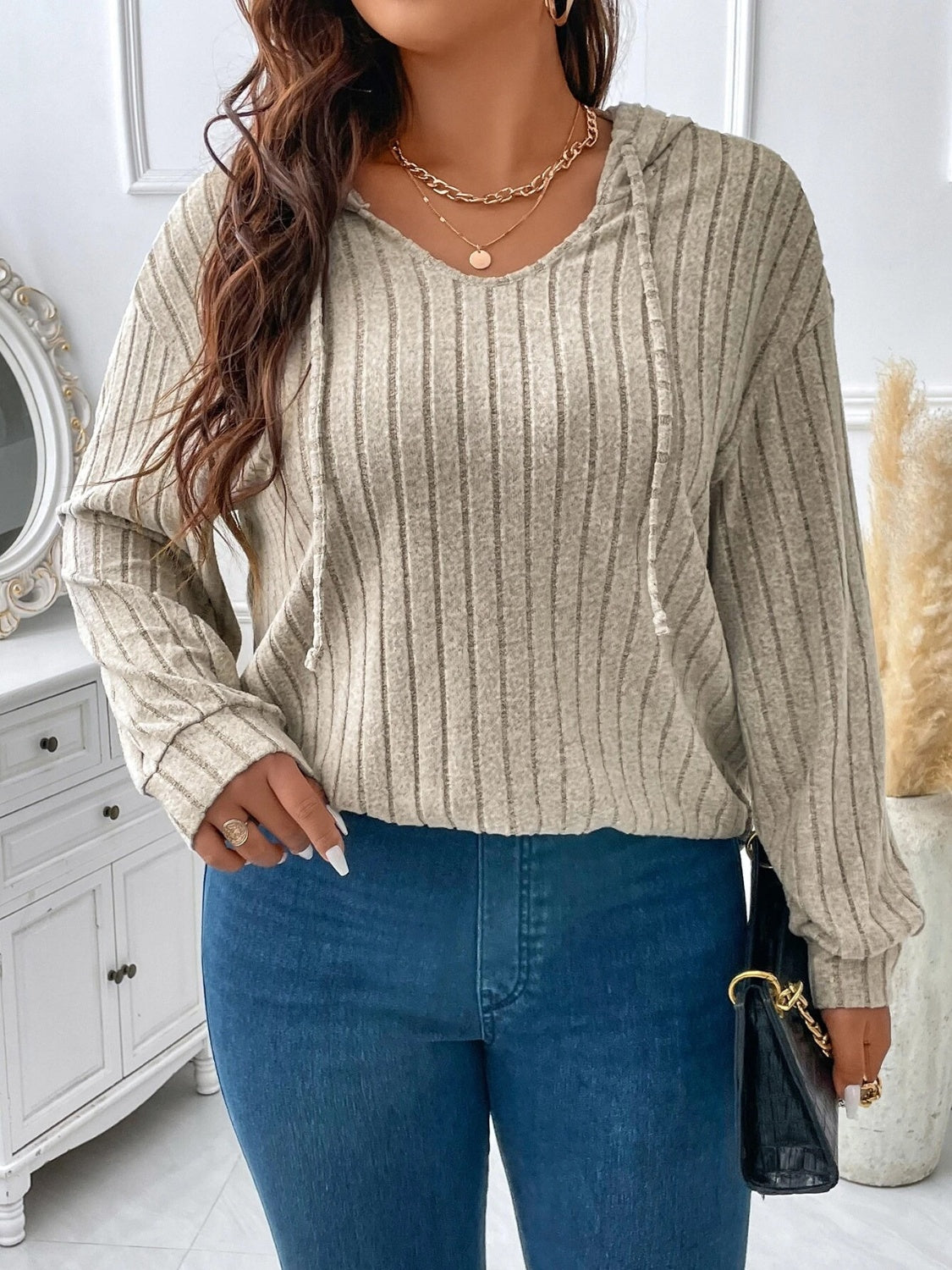 Plus Size Cozy Drawstring Hoodie Tee (Curve Confidence) - -
