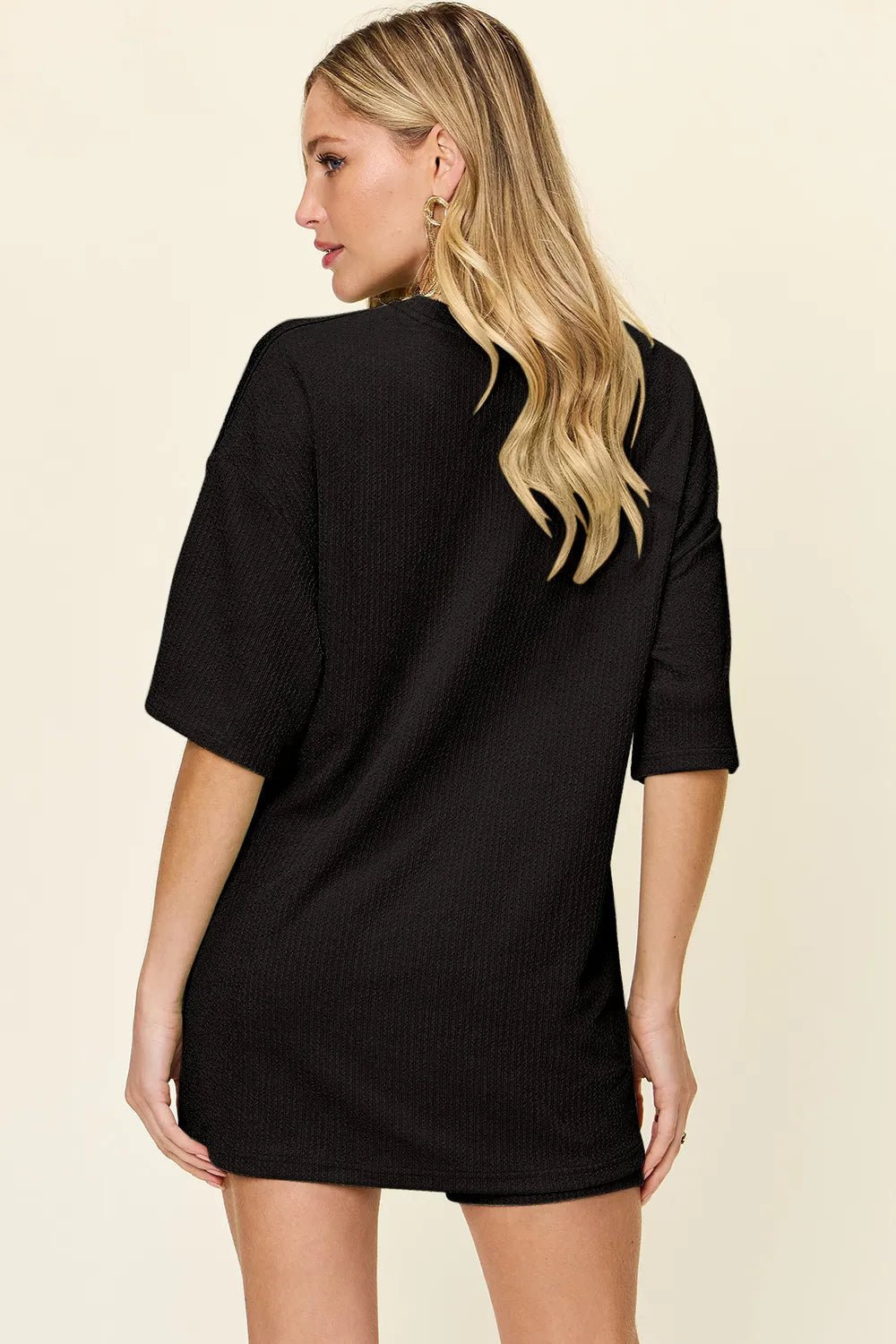 Double Take Full Size Texture Round Neck Drop Shoulder T-Shirt and Shorts Set – | Shannon’s Chique Boutique