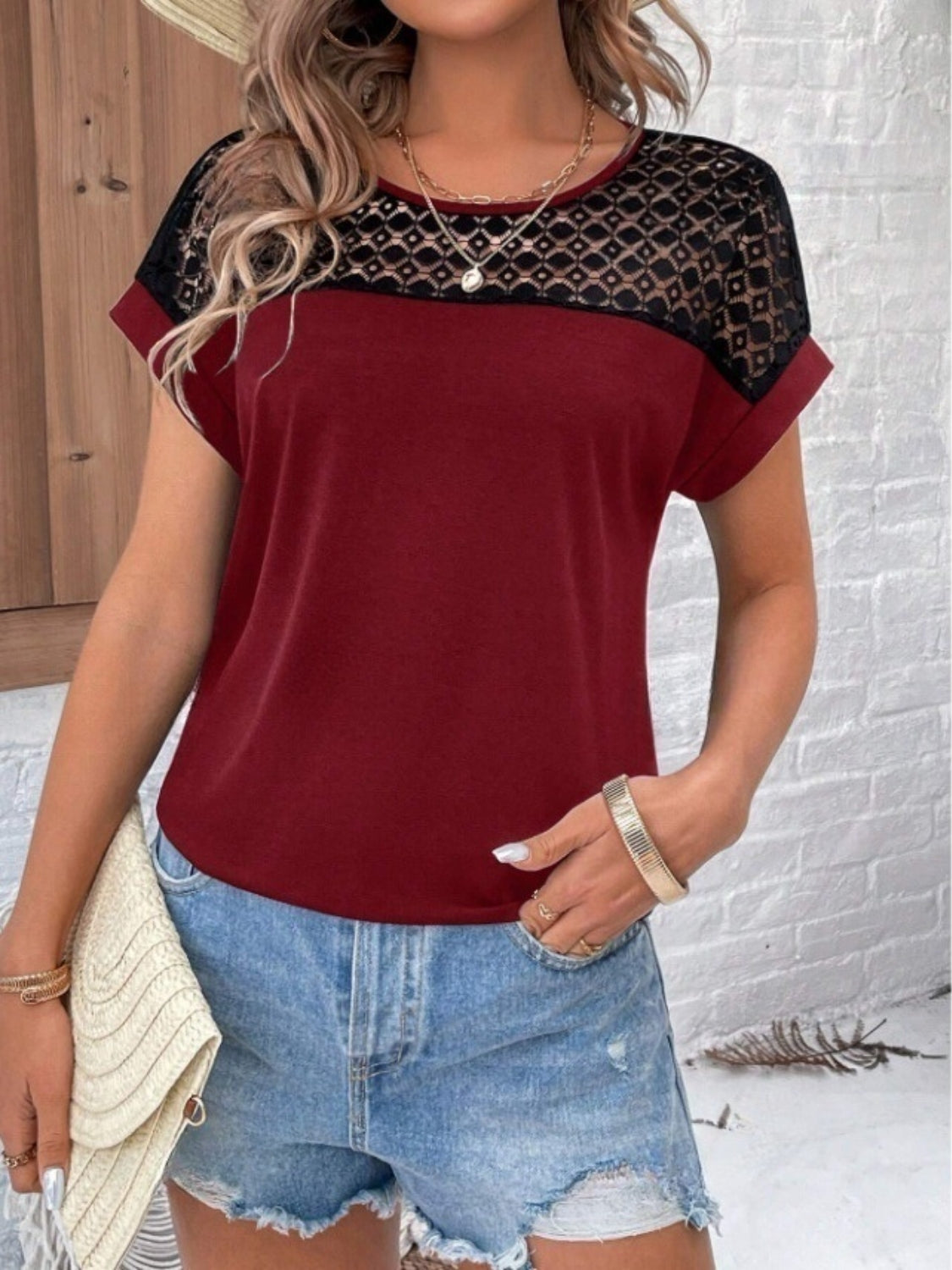Contrast Lace Round Neck Short Sleeve Blouse - Burgundy -