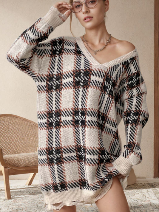 Distressed Plaid V-Neck Long Sleeve Sweater Dress - Tan One Size -