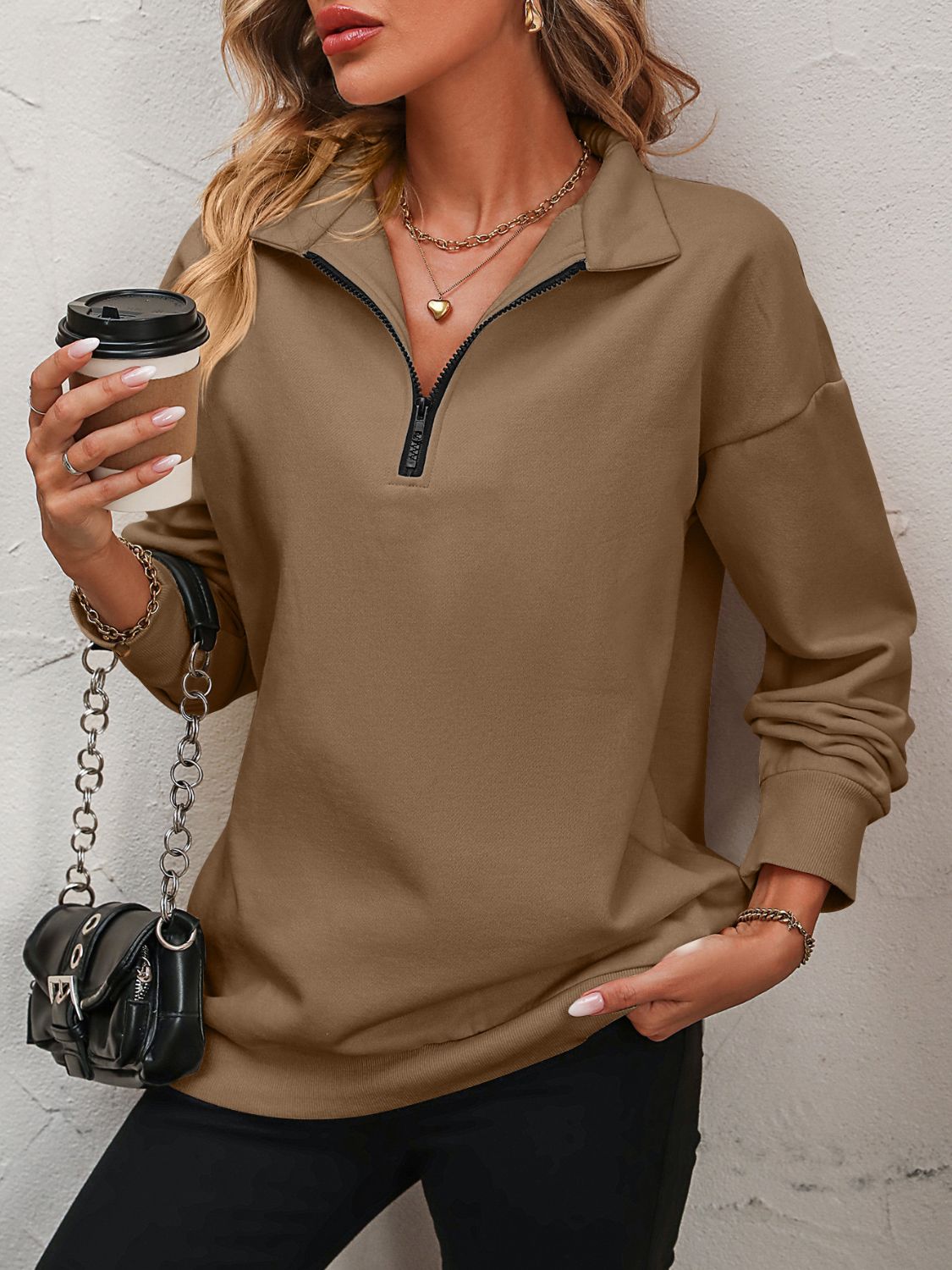 Mandy Zip-Up Dropped Shoulder Sweatshirt - Camel -