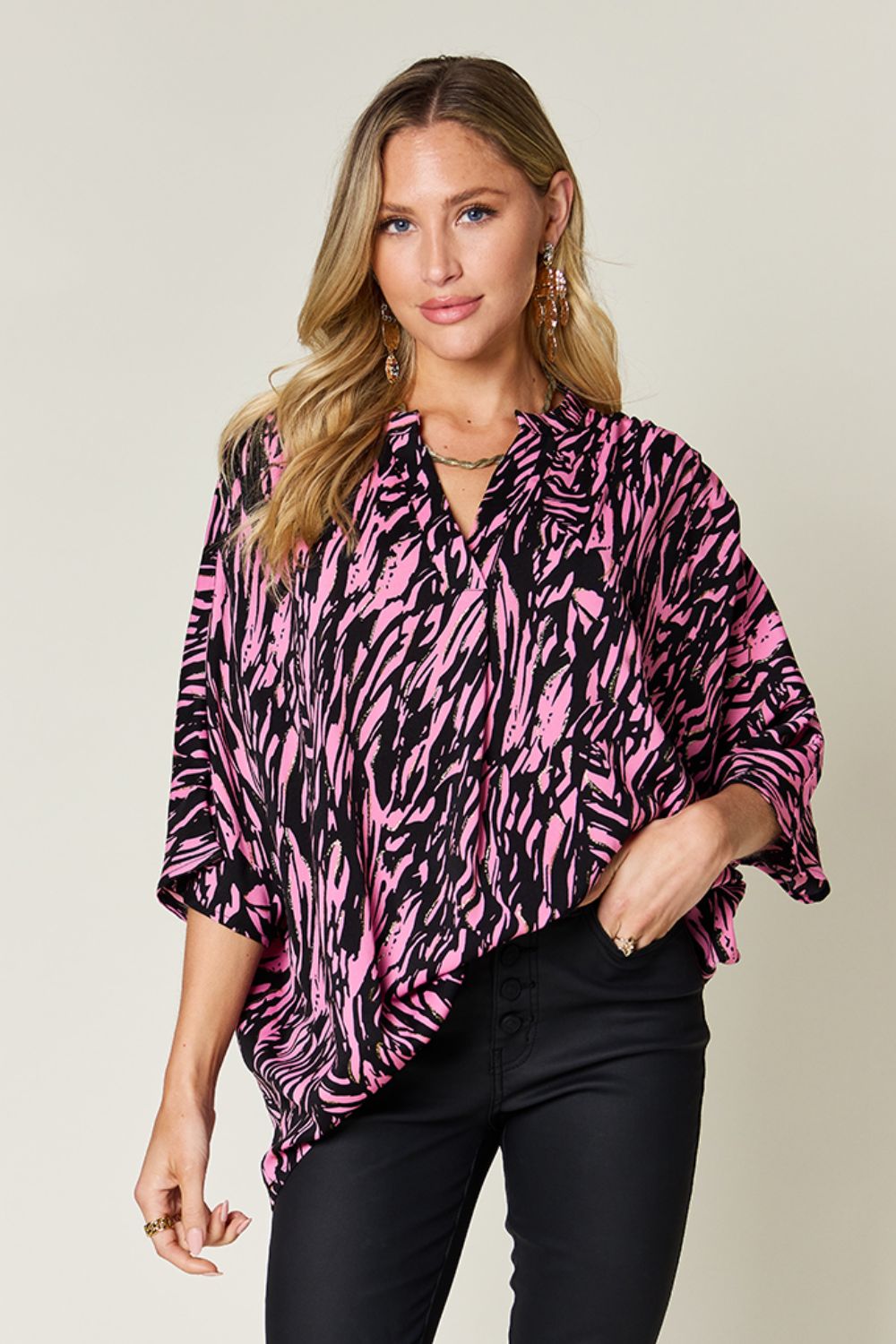 Double Take Full Size Printed Notched Three-Quarter Sleeve Blouse - Pink -