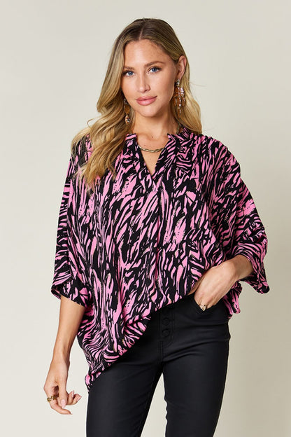 Double Take Full Size Printed Notched Three-Quarter Sleeve Blouse - Pink -