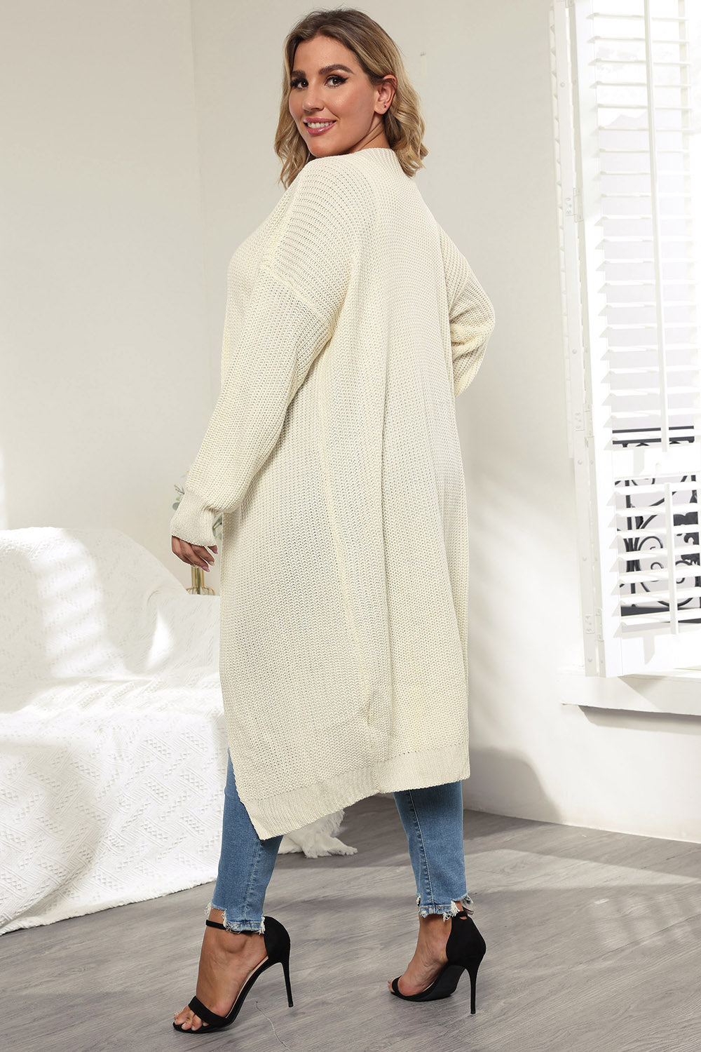 Plus Size Open Front Long Sleeve Cardigan - -