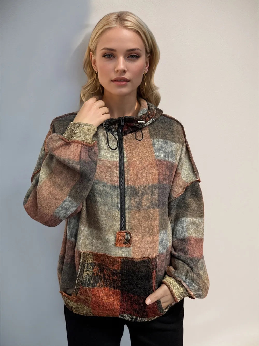 Double Take Full Size Half Zip Exposed Seam Fleece Hoodie - Tangerine -