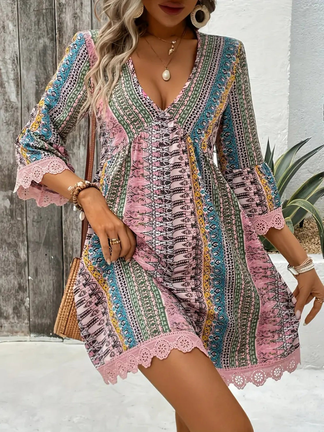 Lace Trim Printed V-Neck 3/4 Sleeve Dress - -