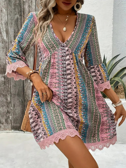Lace Trim Printed V-Neck 3/4 Sleeve Dress - -