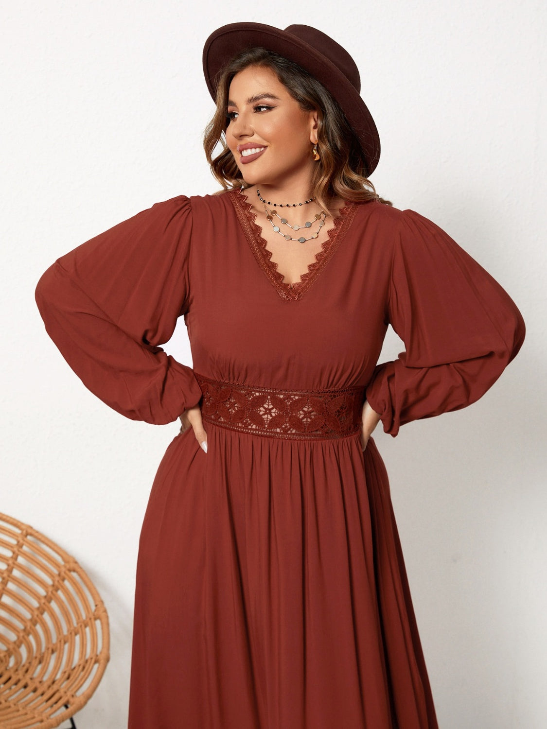 Plus Size Lace Detail V-Neck Balloon Sleeve Dress - -