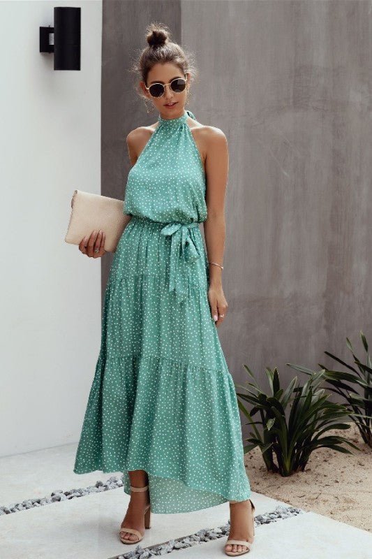 Tie Back Polka Dot Ruffle Hem Halter Dress – | Shannon’s Chique Boutique