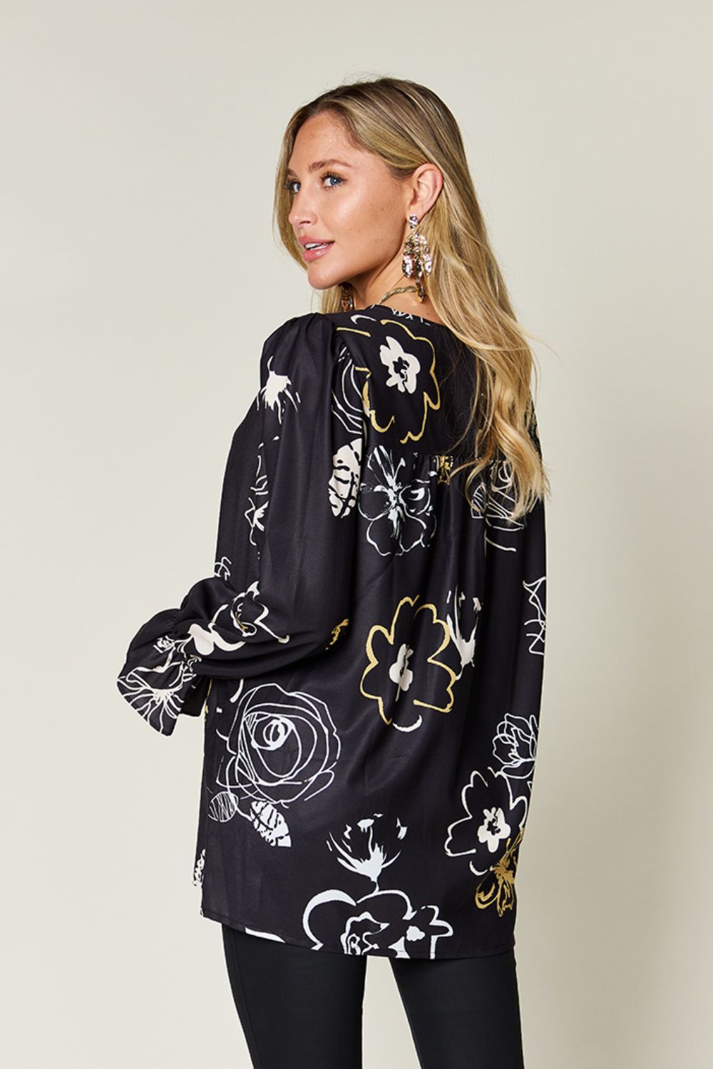 Double Take Full Size Printed Flounce Sleeve Blouse - -