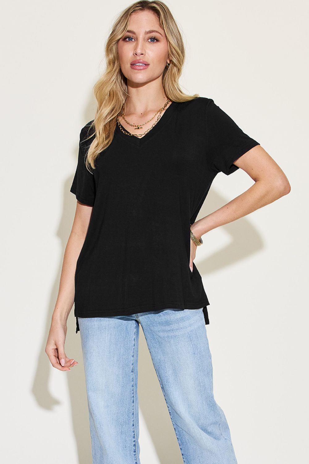 Basic Bae Full Size V-Neck High-Low T-Shirt - -