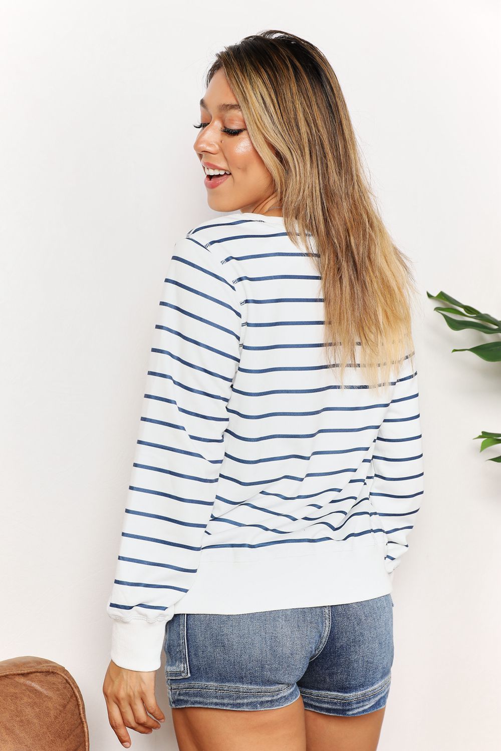 Double Take Striped Long Sleeve Round Neck Top - -