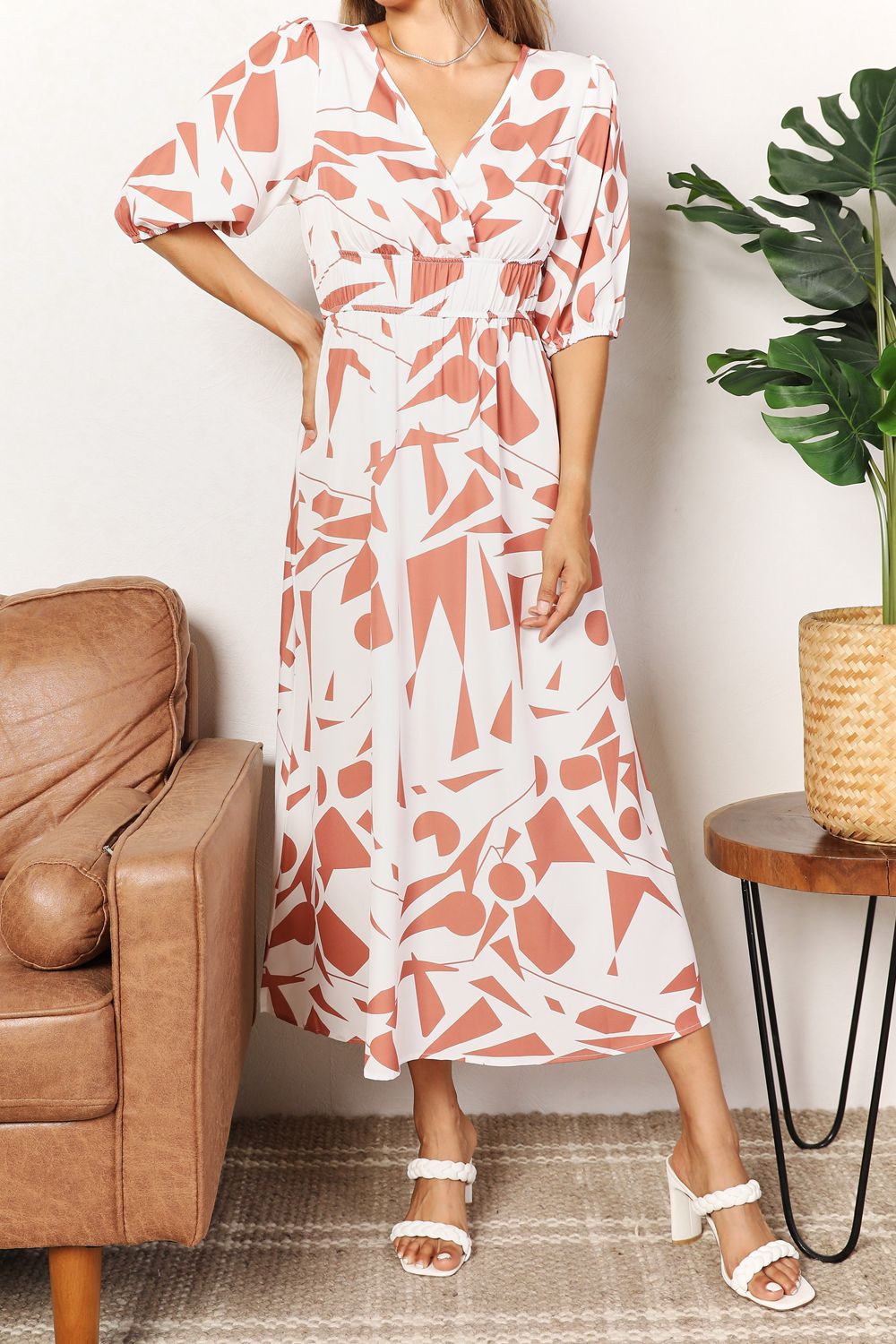 Printed Surplice Balloon Sleeve Dress - -