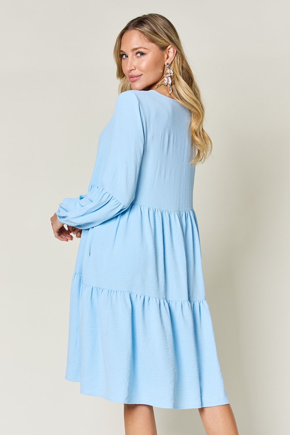 Double Take Full Size V-Neck Balloon Sleeve Tiered Dress with Pockets - -