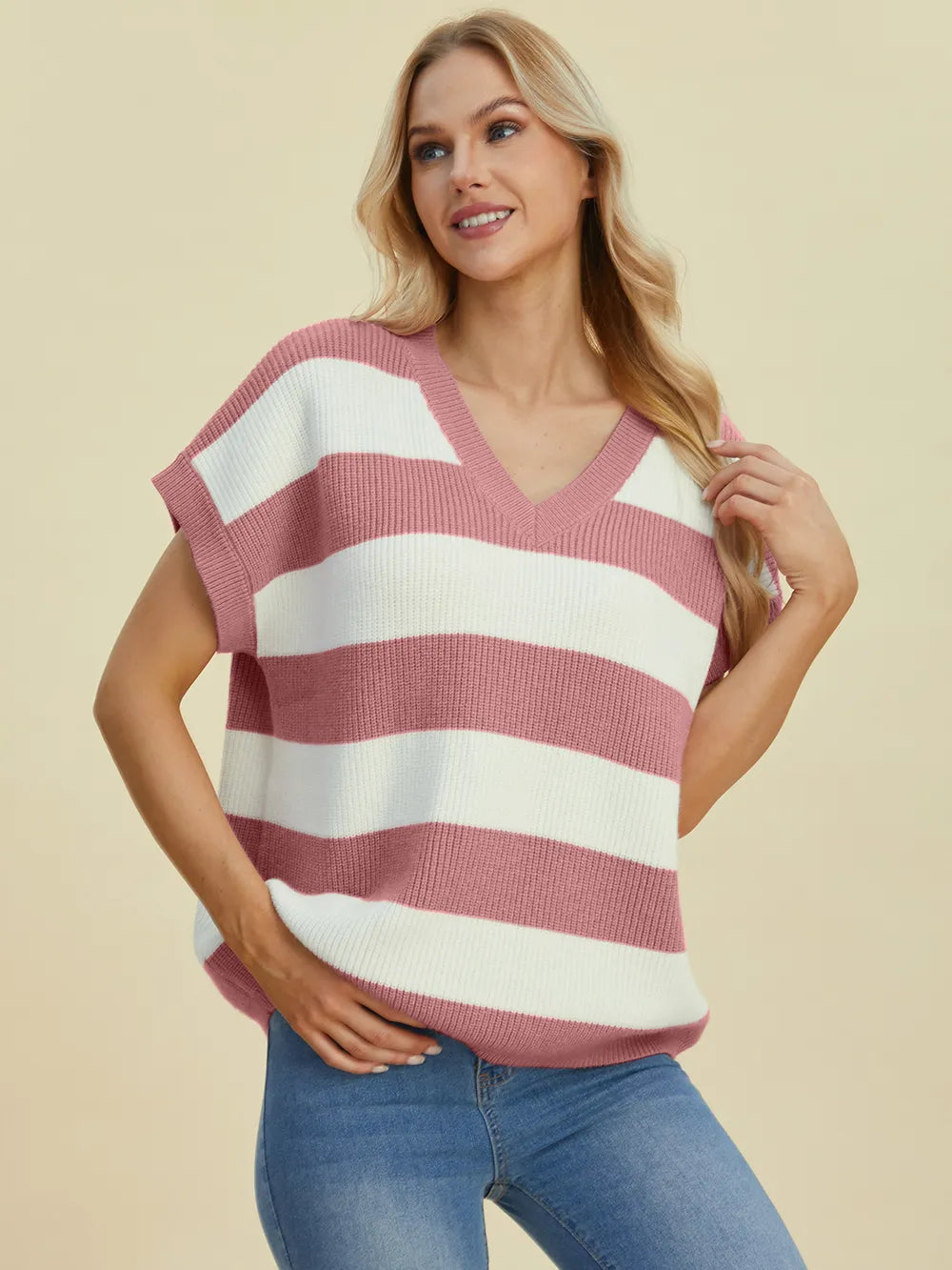 Double Take Full Size Striped V-Neck Short Sleeve Sweater - Dusty Pink -