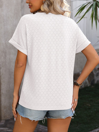 Mandy Eyelet Notched Short Sleeve T-Shirt