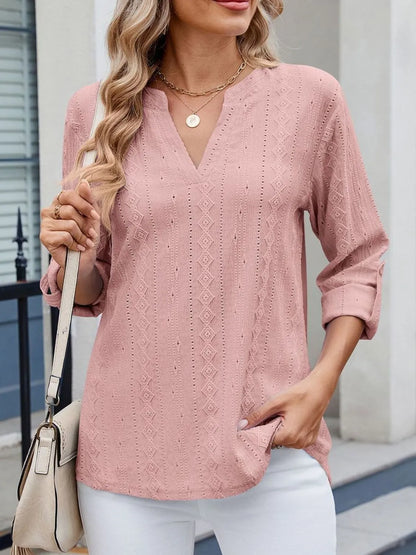 Eyelet Notched Roll-Tab Sleeve Top - -