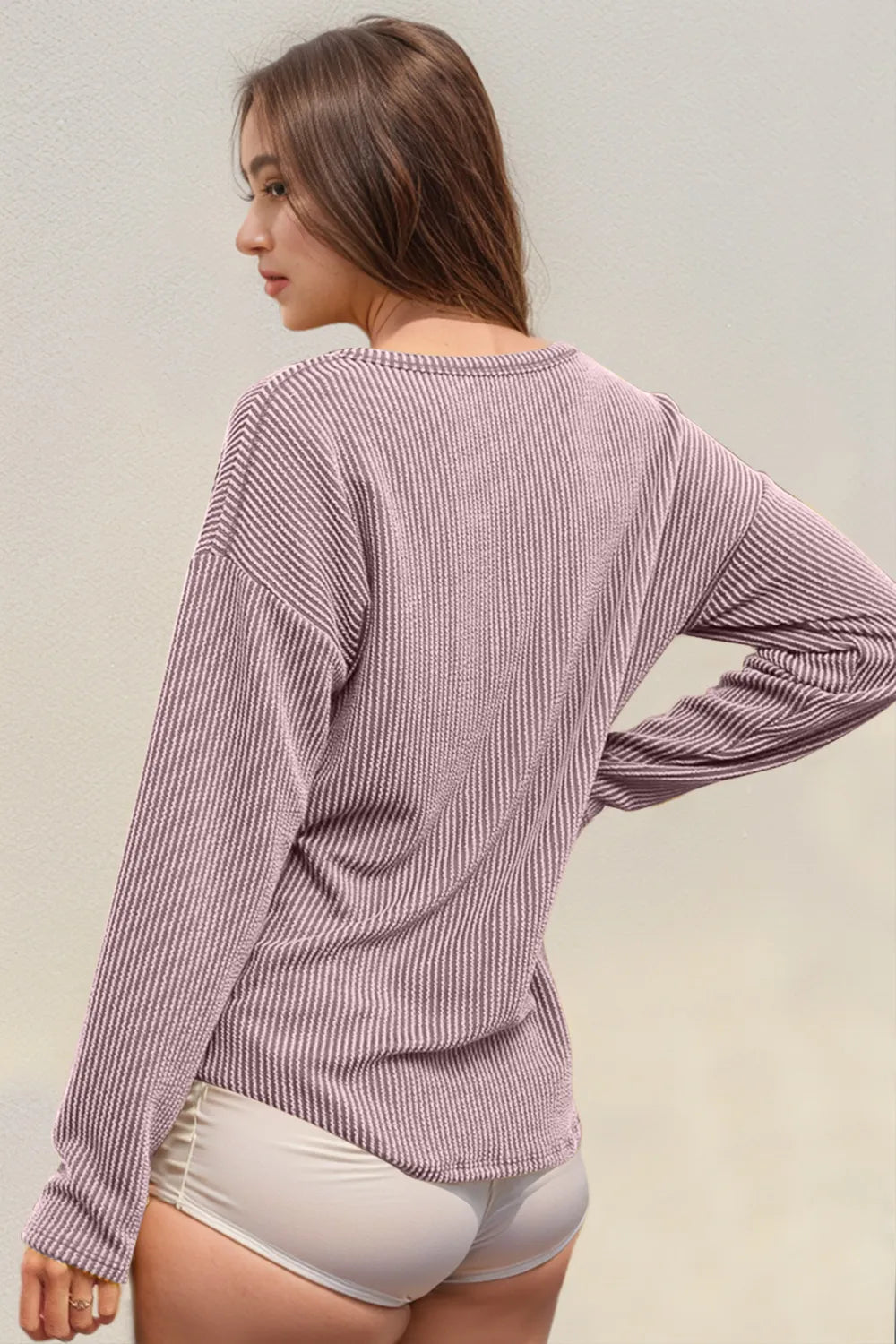 Double Take Striped Notched Long Sleeve T-Shirt - Lilac -