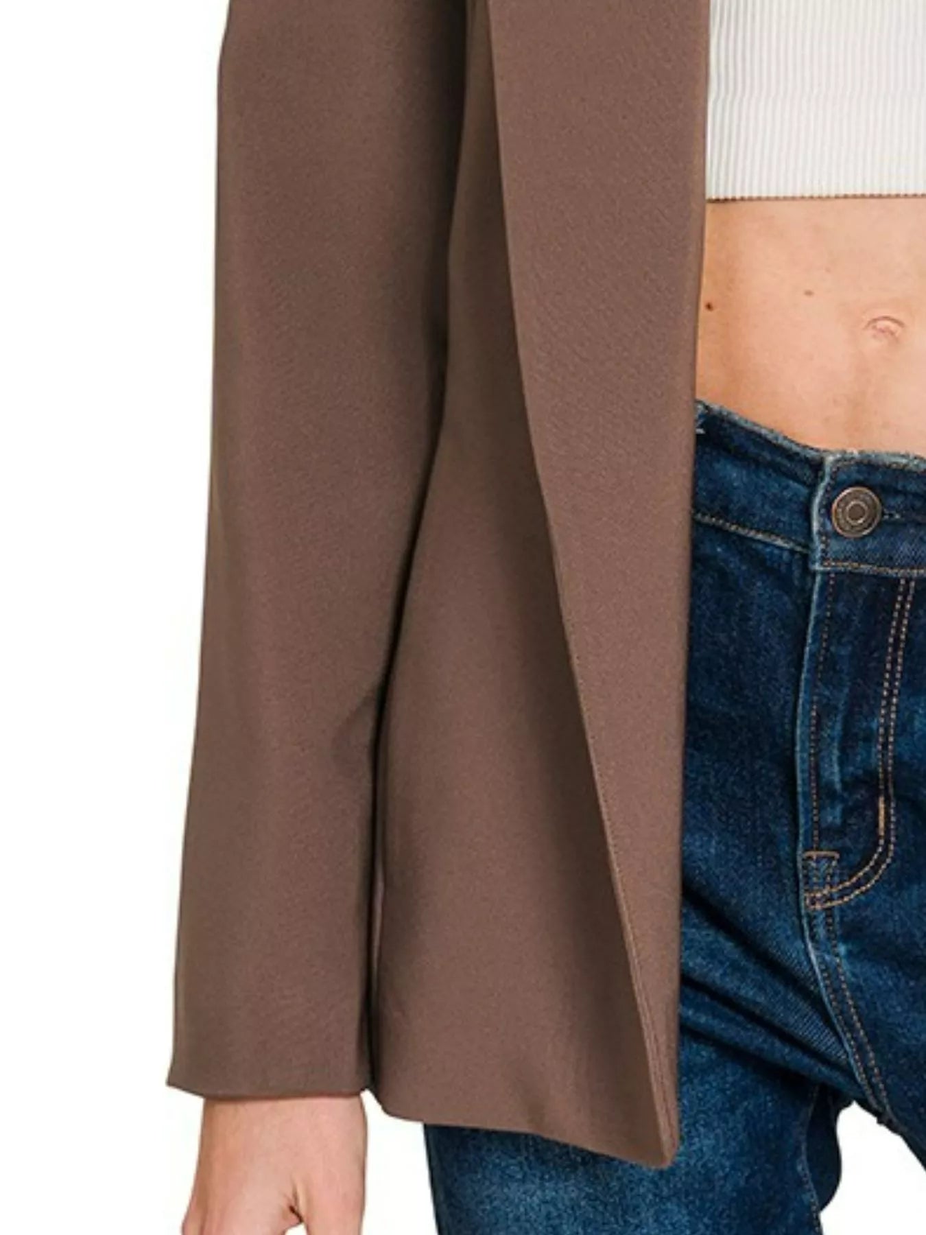 Brown blazer, women's outerwear, soft structured fabric with an open front design.