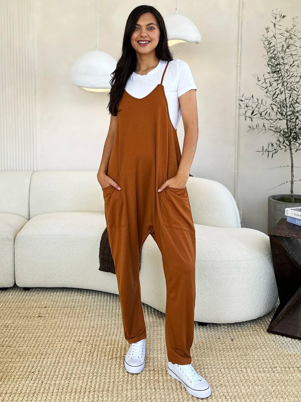 Double Take Full Size Pocketed V-Neck Jumpsuit – Plus Size, Relaxed Fit, Travel Ready - Caramel -