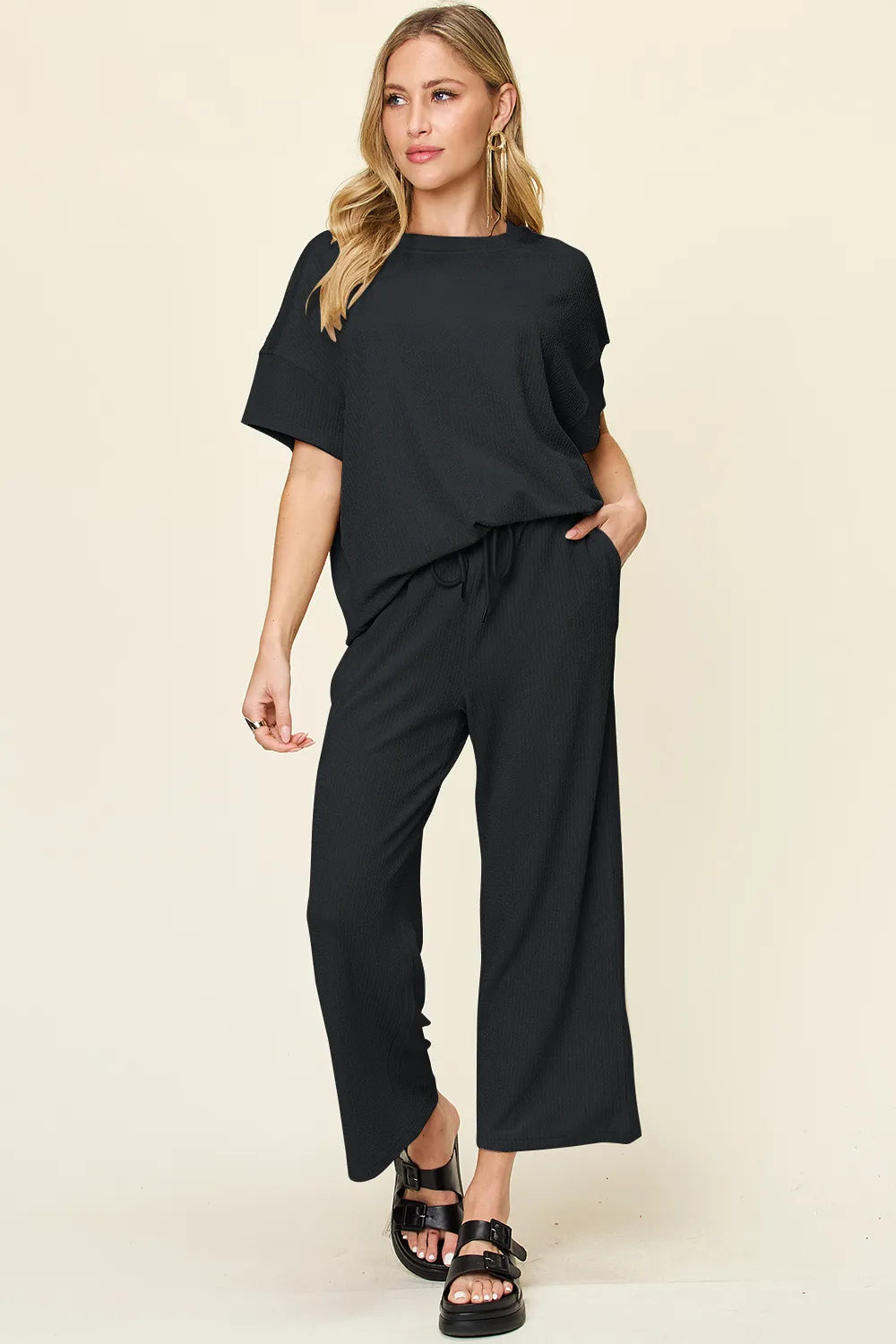Double Take Full Size Texture Round Neck Short Sleeve T-Shirt and Wide Leg Pants - Black -