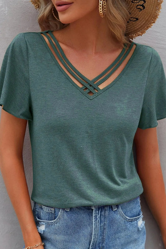 V-Neck Short Sleeve T-Shirt - Turquoise -
