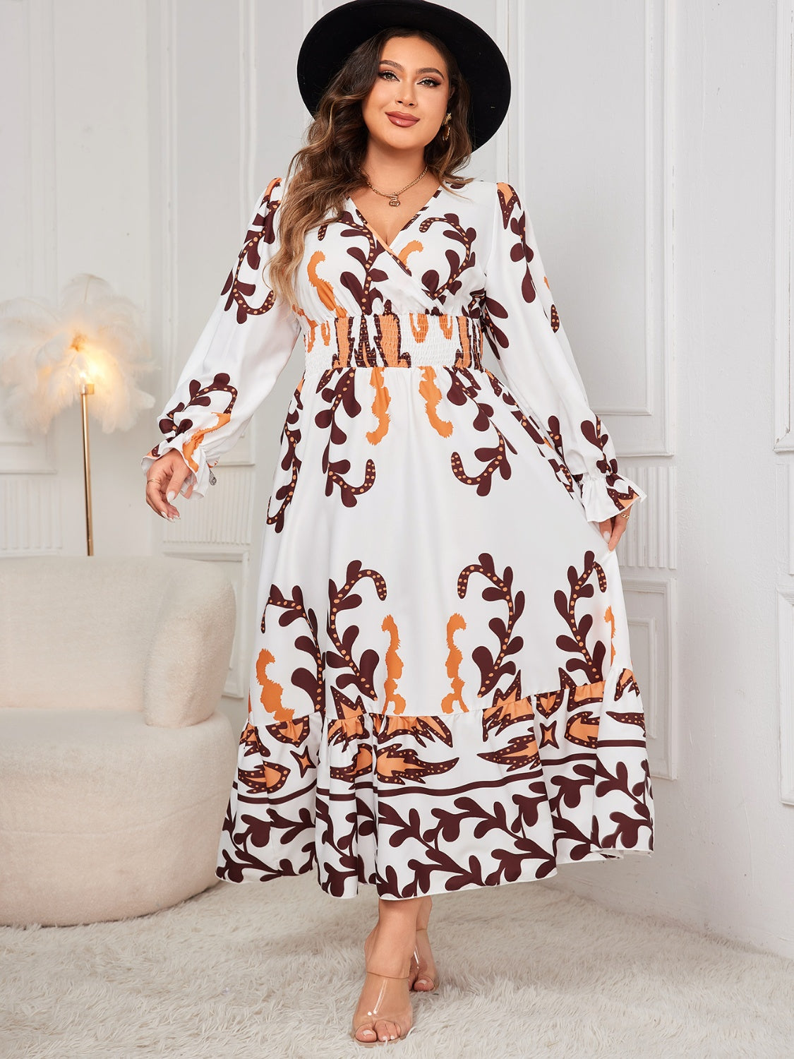 Honey Plus Size Printed Surplice Flounce Sleeve Dress - White -