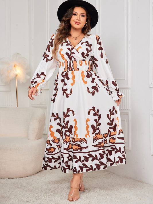 Honey Plus Size Printed Surplice Flounce Sleeve Dress - White -