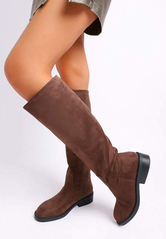 Cassie brown knee-high boots, faux suede, with low block heel.