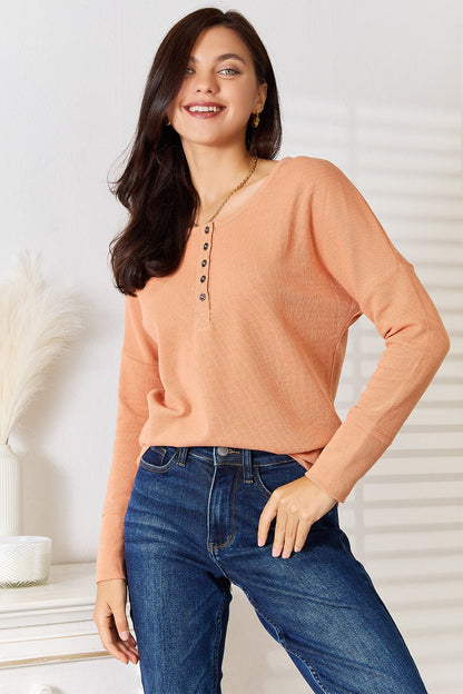 Basic Bae Half Button Long Sleeve Top - Caramel -