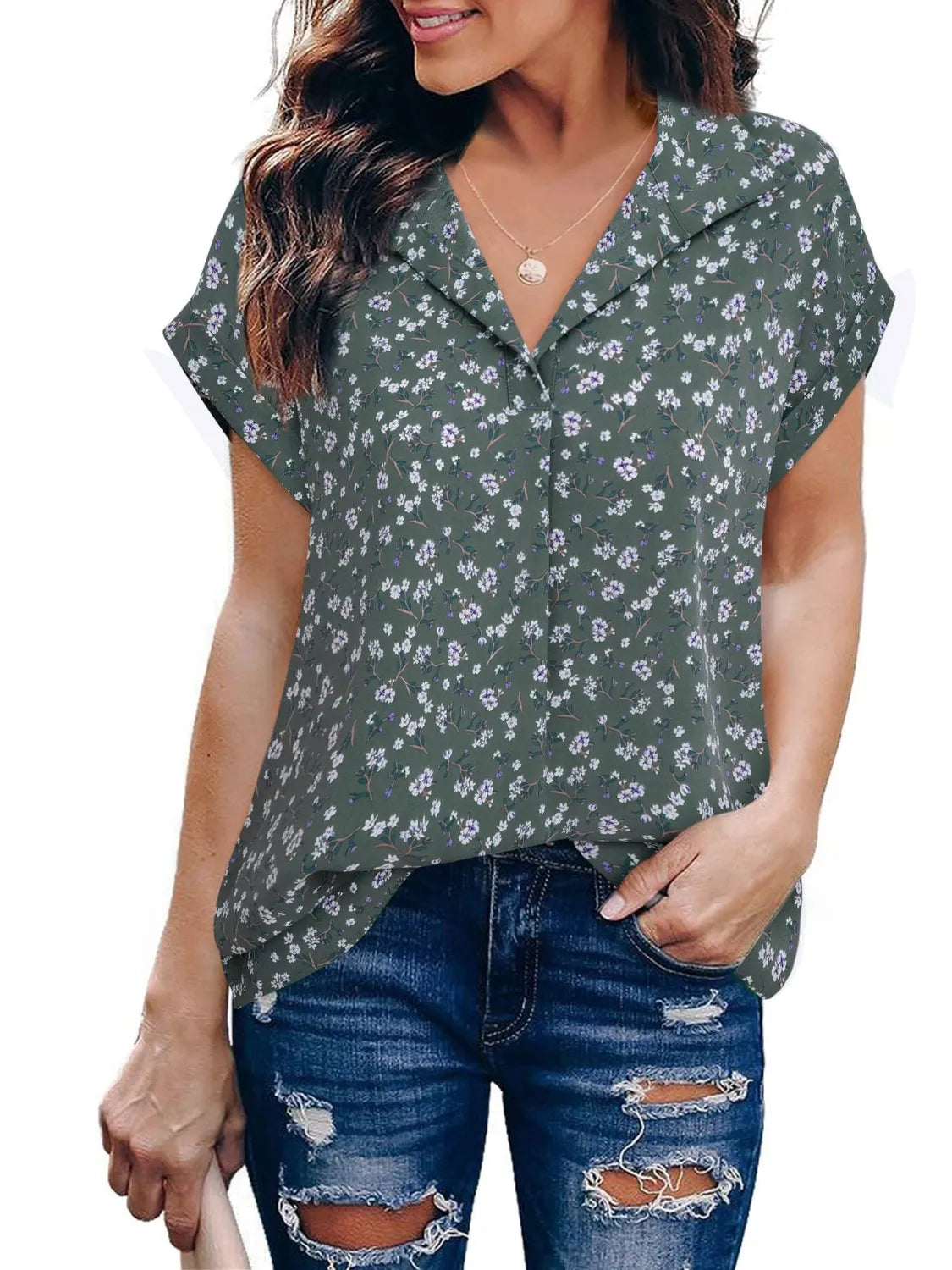Ruched Round Neck Short Sleeve Top – Pretty Chique Women’s Summer Blouse - -