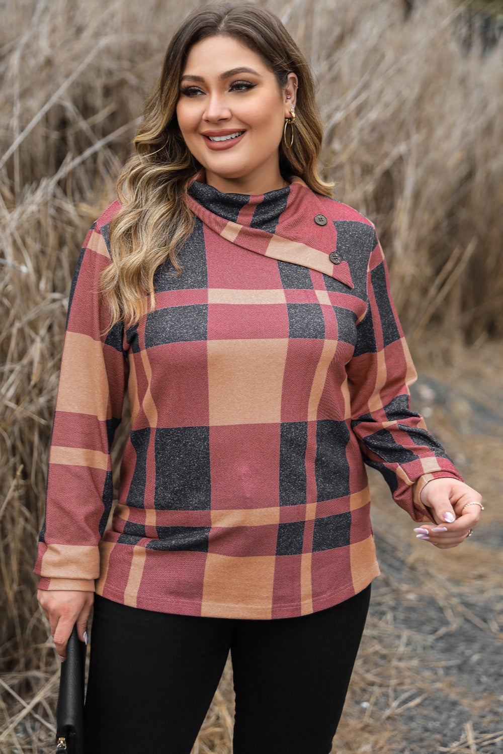Plus Size Plaid Cowl Neck Long Sleeve Sweatshirt - -