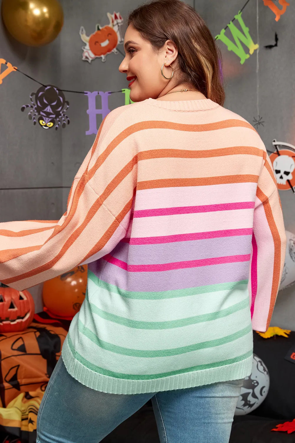 Plus Size Striped Round Neck Long Sleeve Sweater - -