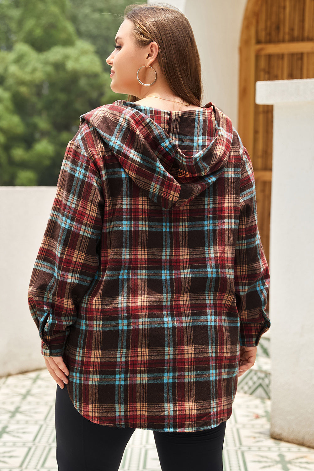 Plus Size Drawstring Plaid Quarter Button Hoodie - -