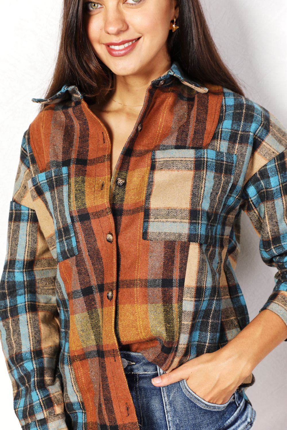 Double Take Plaid Curved Hem Shirt Jacket with Breast Pockets - -