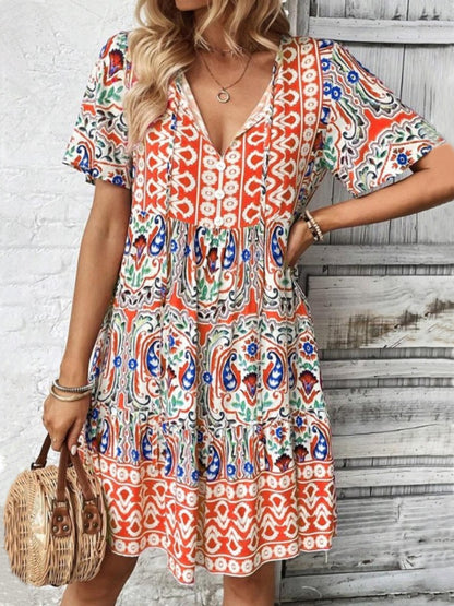 Printed Tie Neck Short Sleeve Dress - Sherbet -